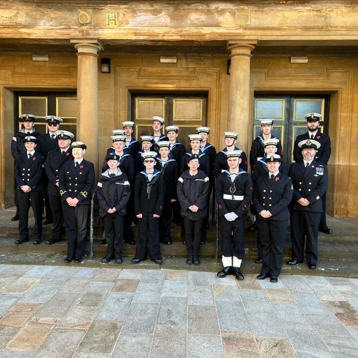 Unit standing on steps of clydebank town hall.